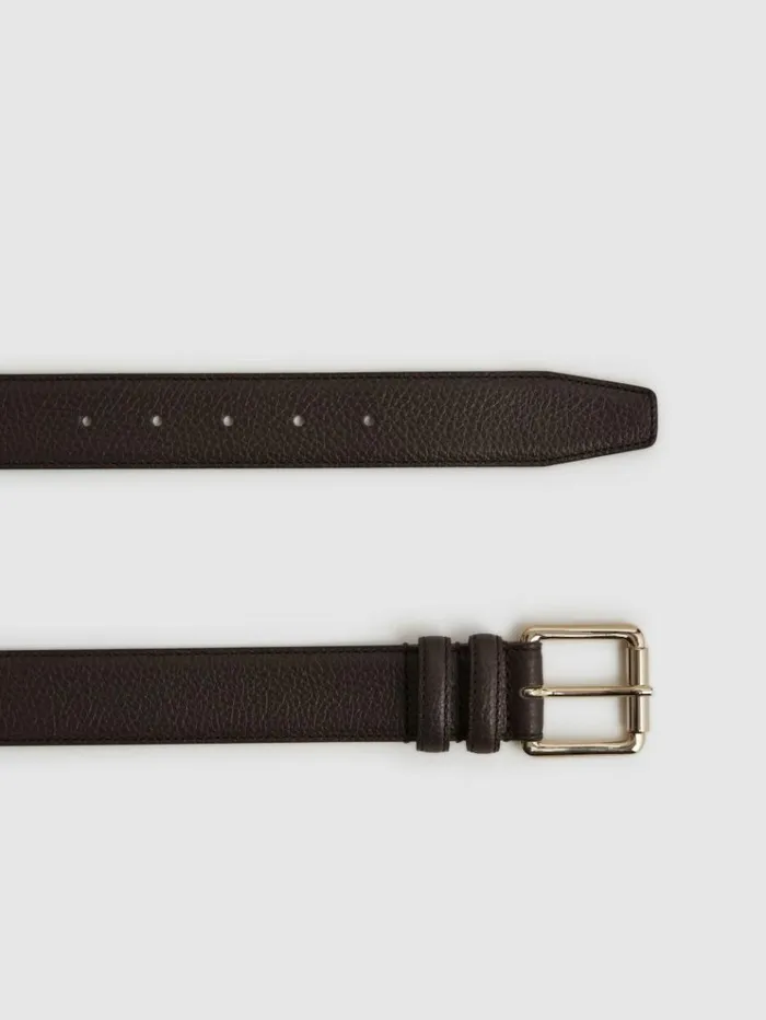 REISS Belts Men Grained Leather Belt Chocolate