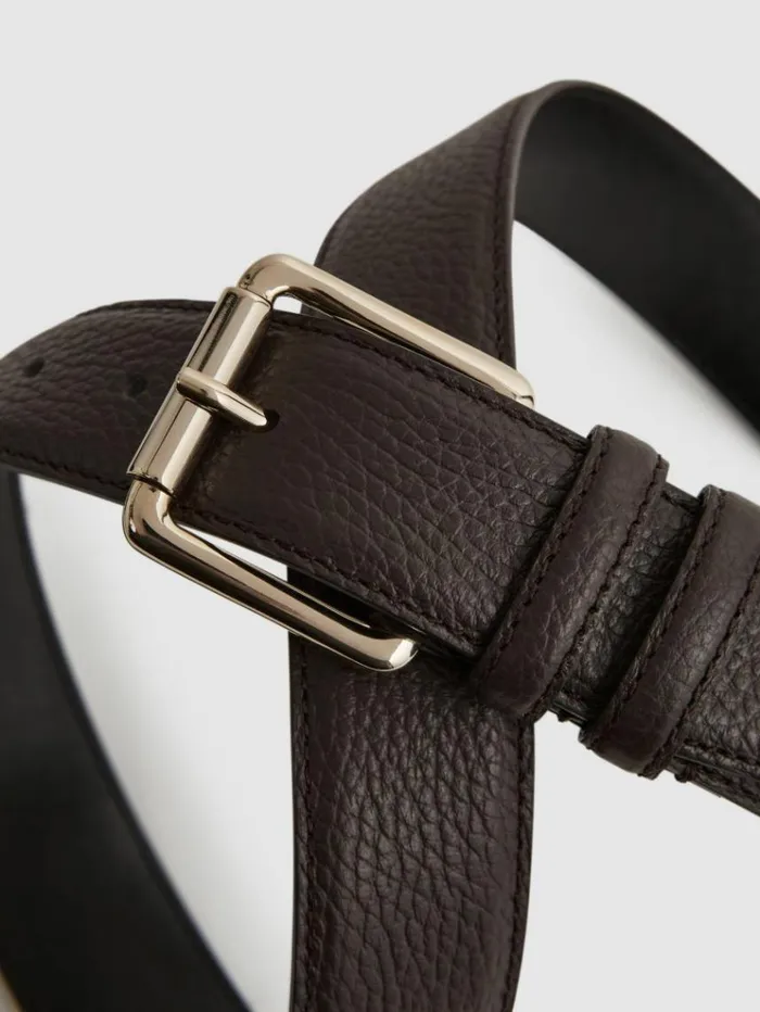 REISS Belts Men Grained Leather Belt Chocolate