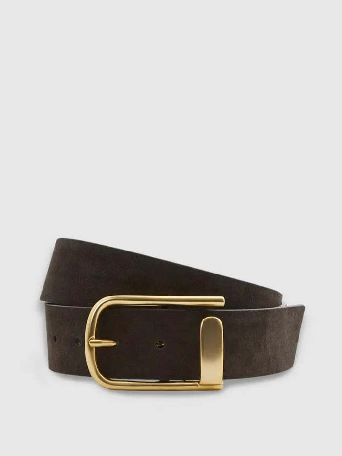 REISS Belts Women Leather Half Keeper Belt Chocolate