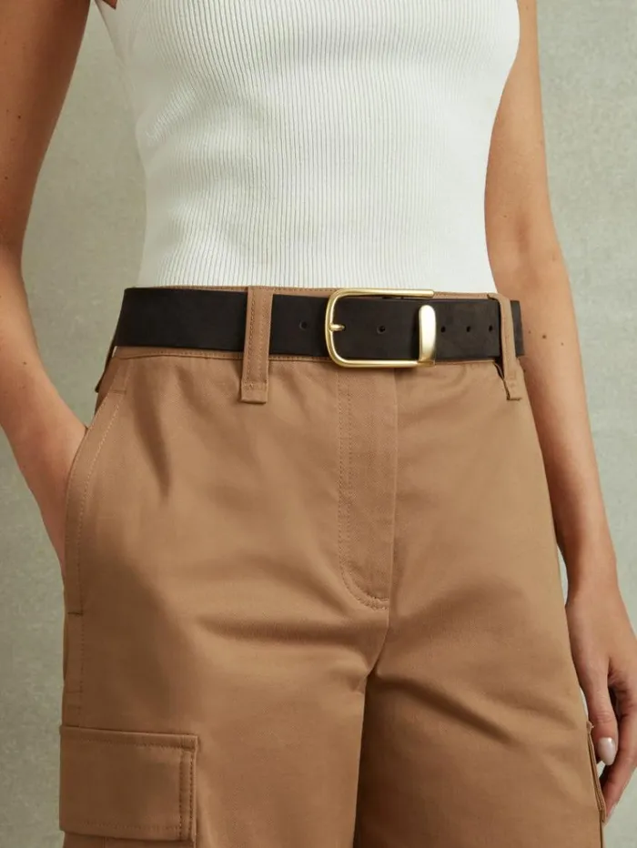REISS Belts Women Leather Half Keeper Belt Chocolate