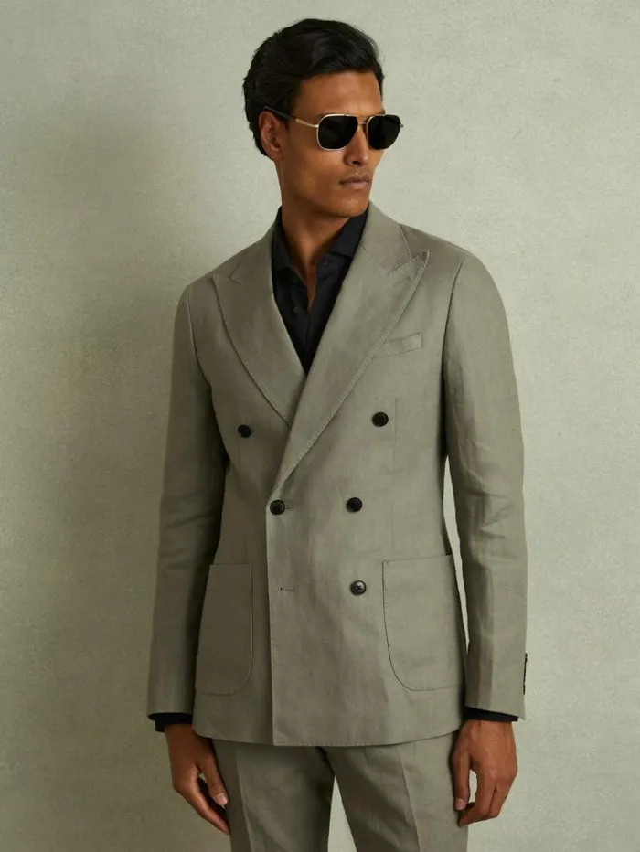 REISS Blazers Men Linen Double Breasted Modern Fit Blazer Light Sage Green