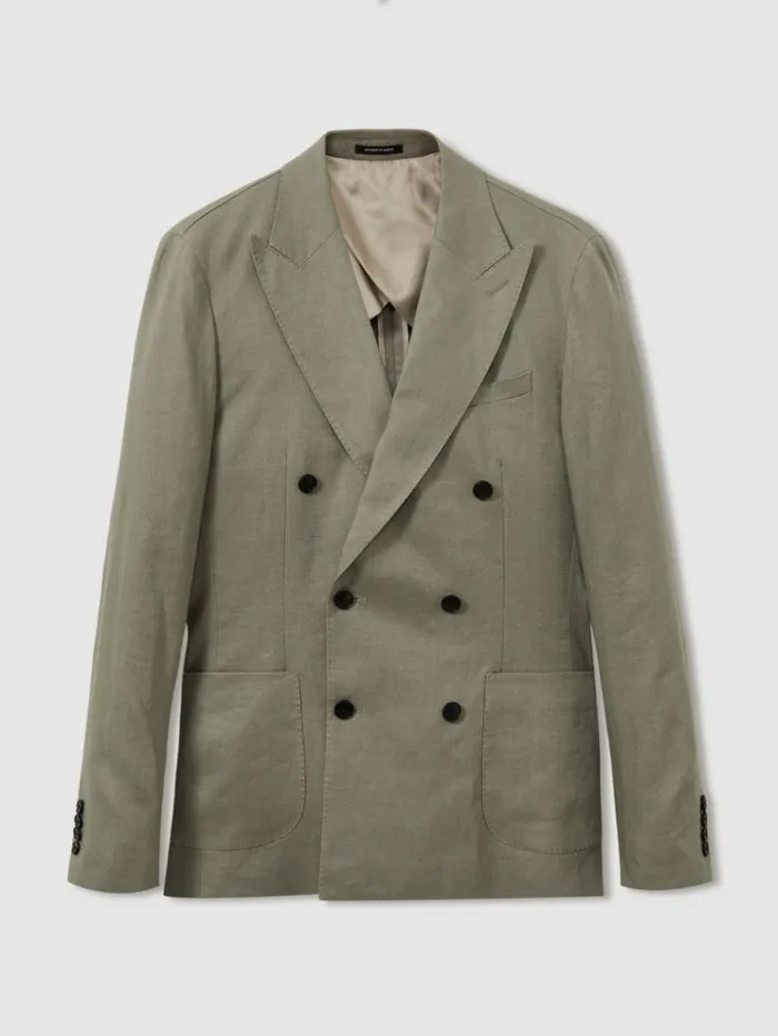 REISS Blazers Men Linen Double Breasted Modern Fit Blazer Light Sage Green