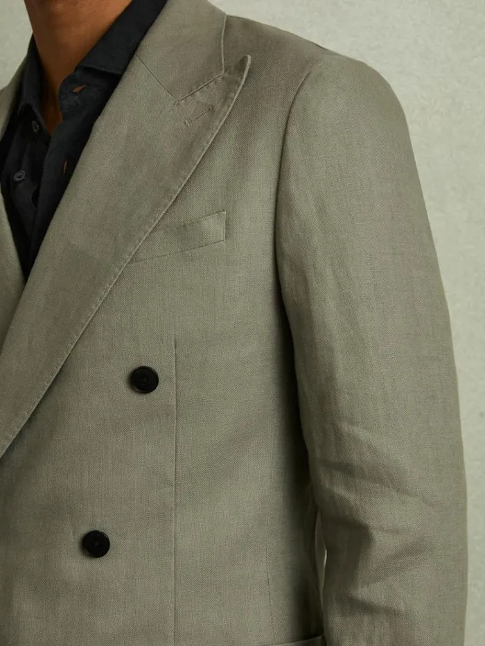 REISS Blazers Men Linen Double Breasted Modern Fit Blazer Light Sage Green