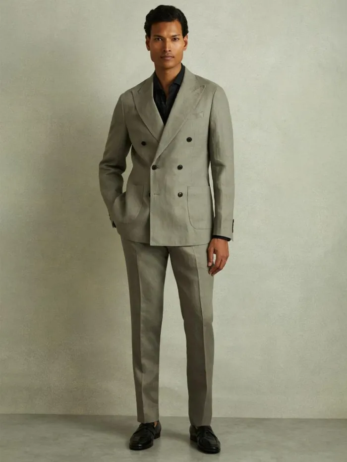 REISS Blazers Men Linen Double Breasted Modern Fit Blazer Light Sage Green