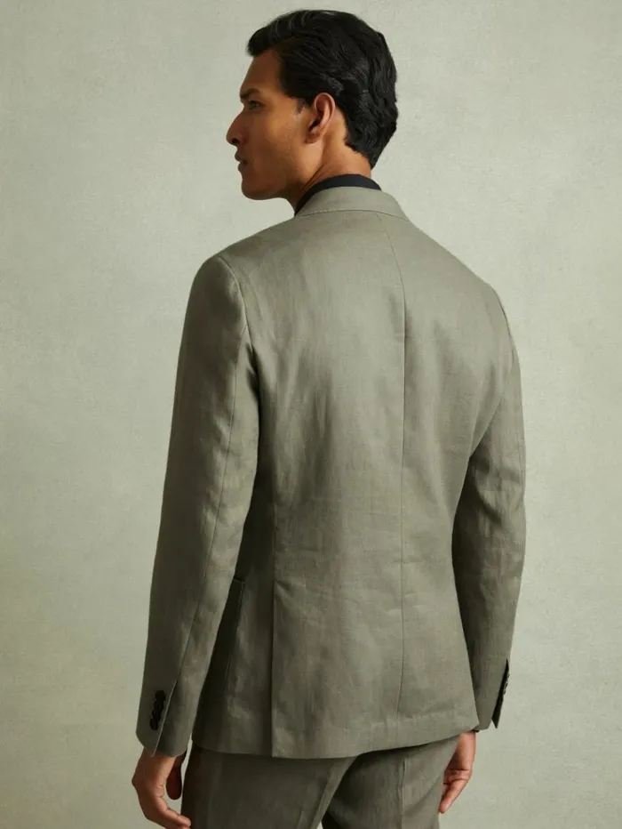REISS Blazers Men Linen Double Breasted Modern Fit Blazer Light Sage Green