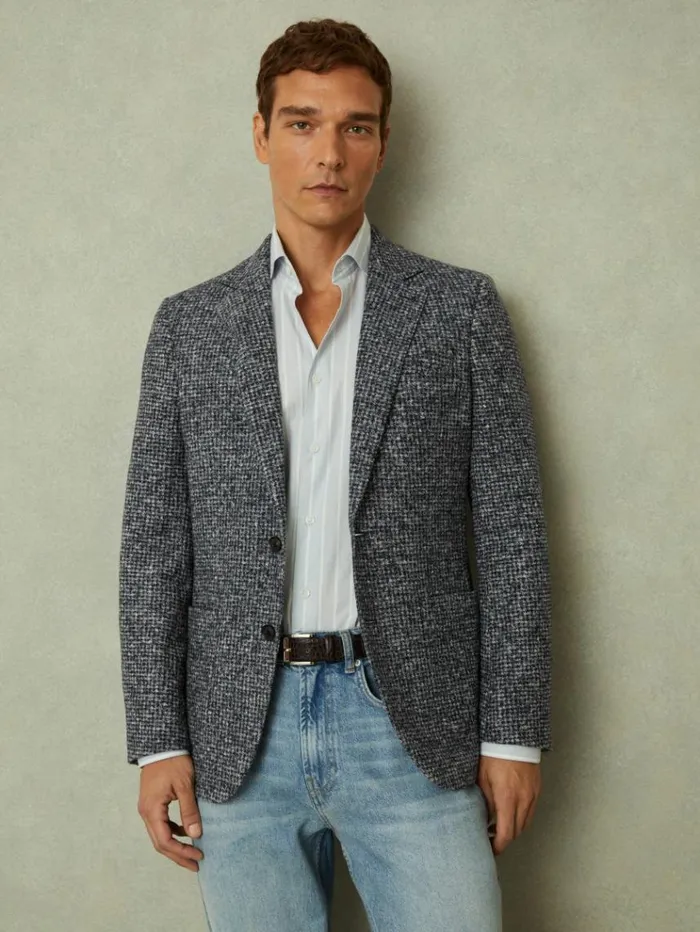 REISS Blazers Men Tweed Single Breasted Blazer With Wool Navygrey
