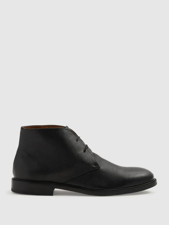 REISS Boots Men Grained Leather Chukka Boots Black
