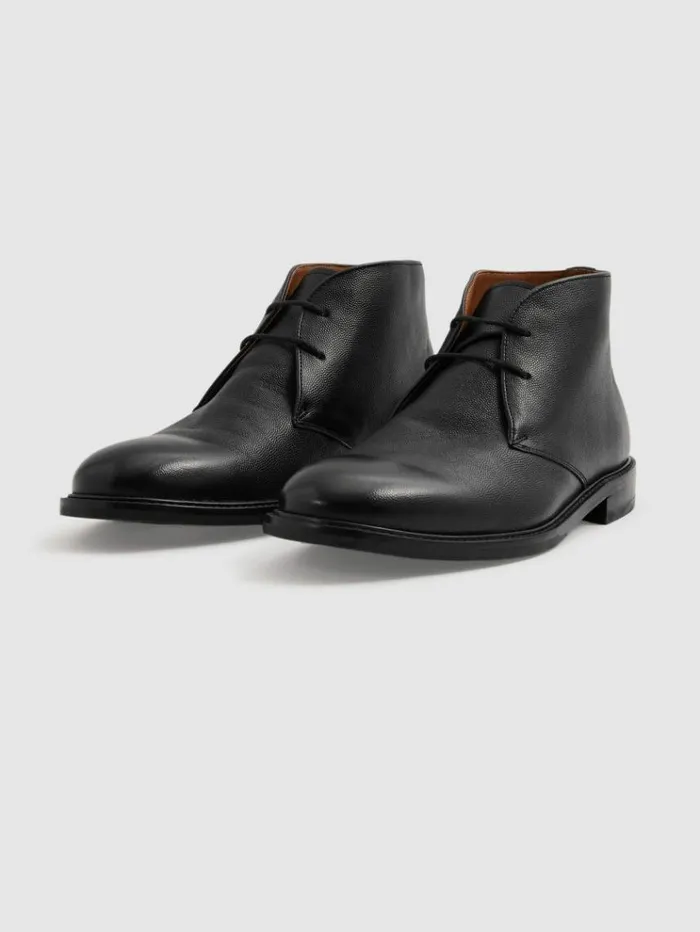 REISS Boots Men Grained Leather Chukka Boots Black