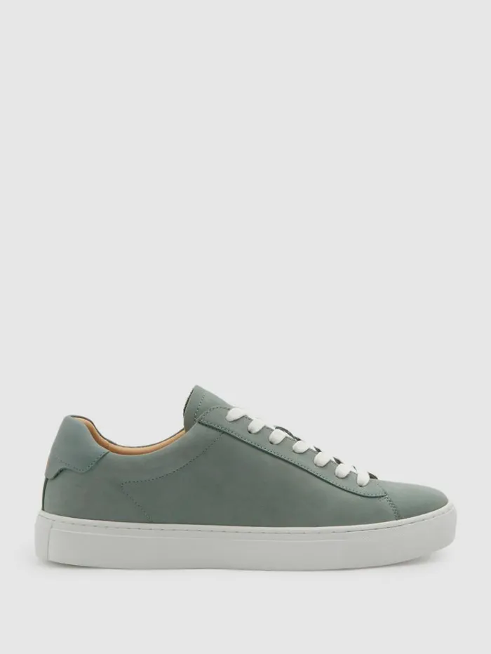 REISS Casual Shoes Men Nubuck Leather Low Top Trainers Pistachio