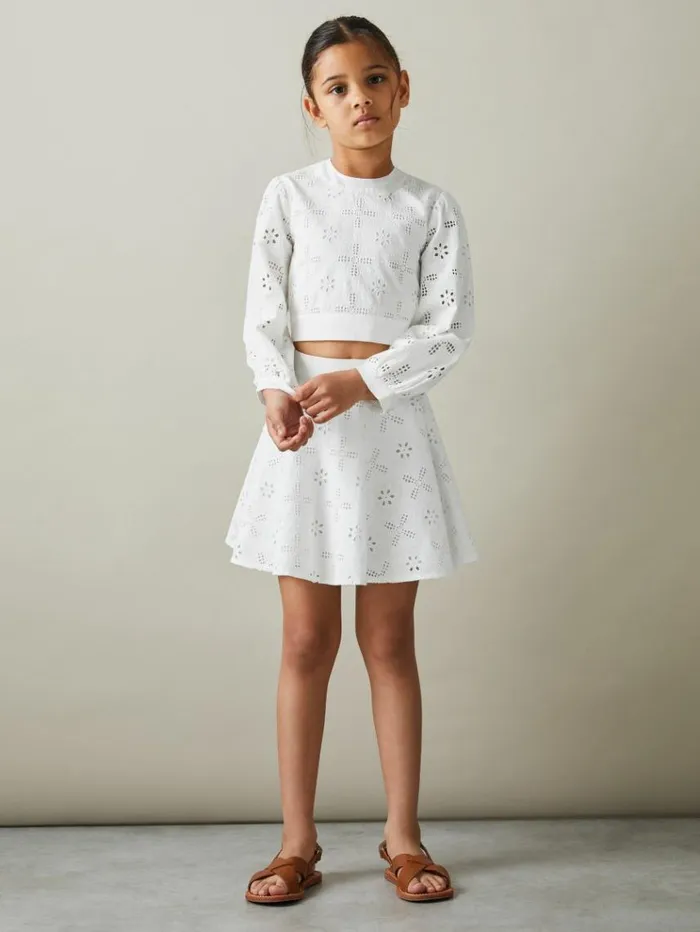 REISS CoOrds Children Cotton Broderie Lace Bow Back Top Ivory