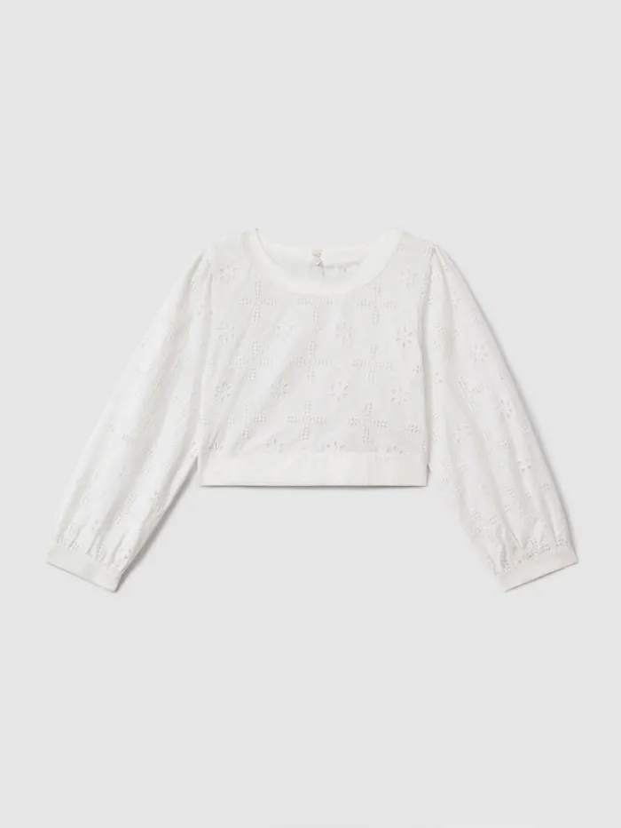 REISS CoOrds Children Cotton Broderie Lace Bow Back Top Ivory
