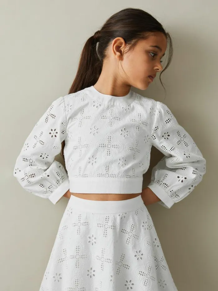 REISS CoOrds Children Cotton Broderie Lace Bow Back Top Ivory