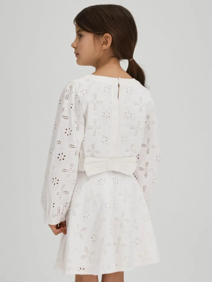 REISS CoOrds Children Cotton Broderie Lace Bow Back Top Ivory