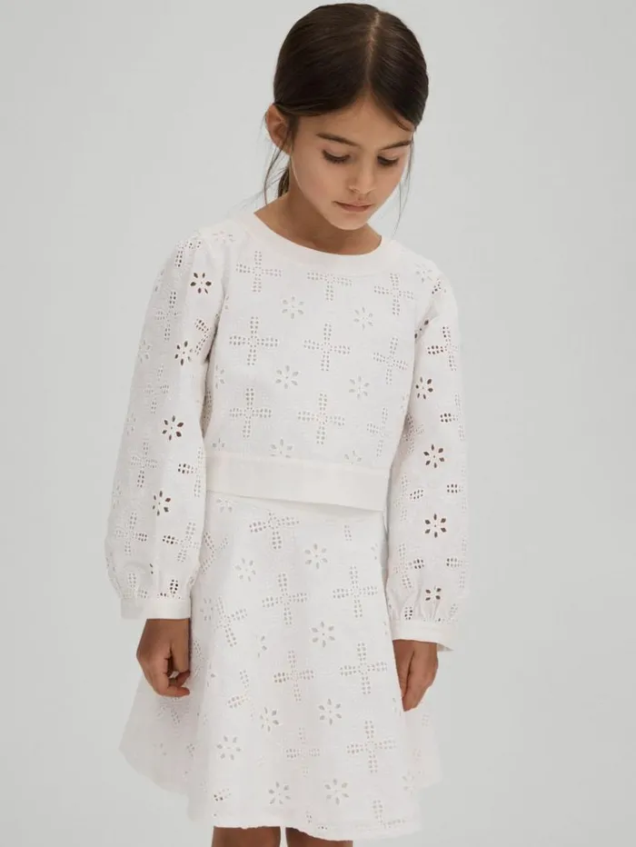 REISS CoOrds Children Cotton Broderie Lace Bow Back Top Ivory
