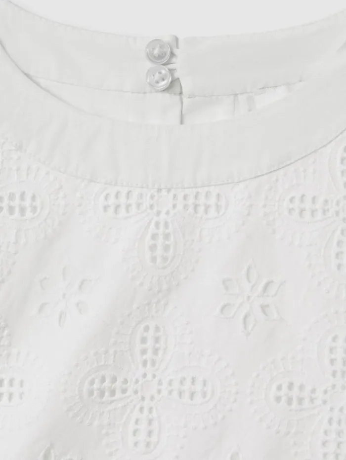 REISS CoOrds Children Cotton Broderie Lace Bow Back Top Ivory