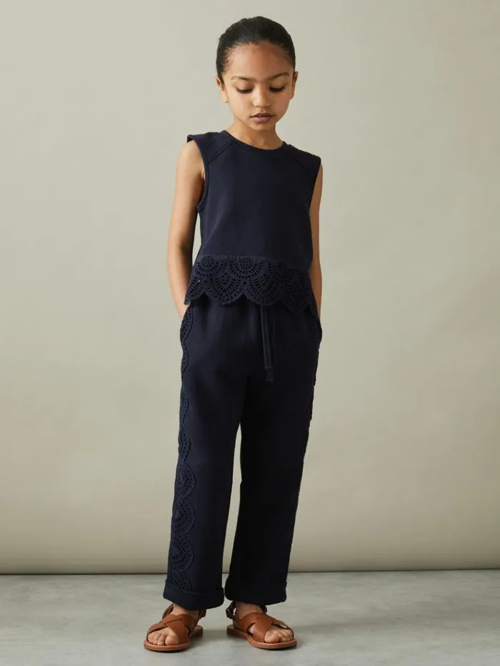 REISS CoOrds Children Sophie Teen Cotton Broderie Drawstring Trousers Navy