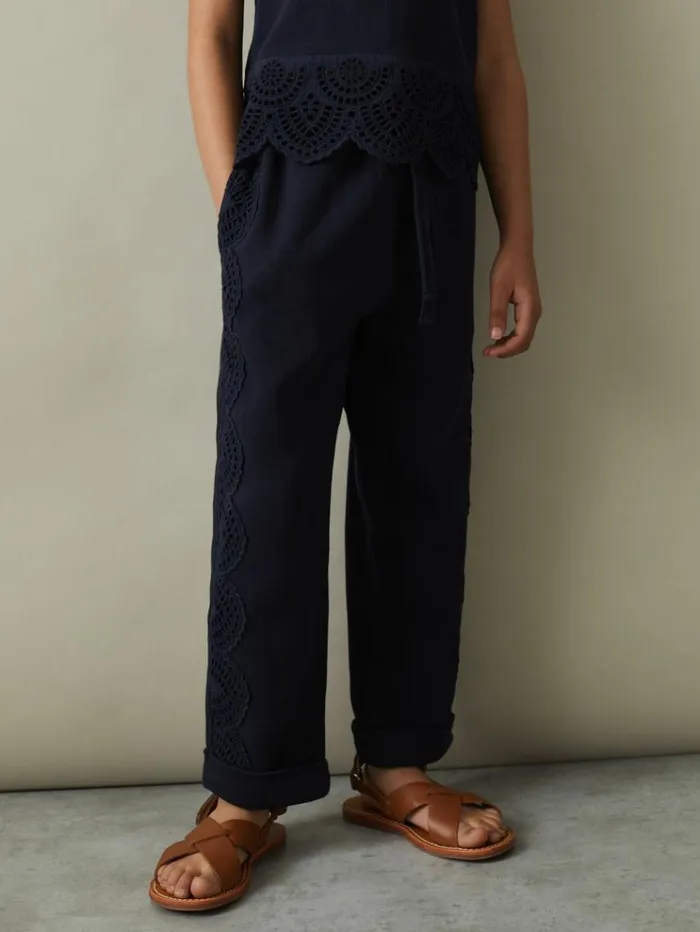 REISS CoOrds Children Sophie Teen Cotton Broderie Drawstring Trousers Navy