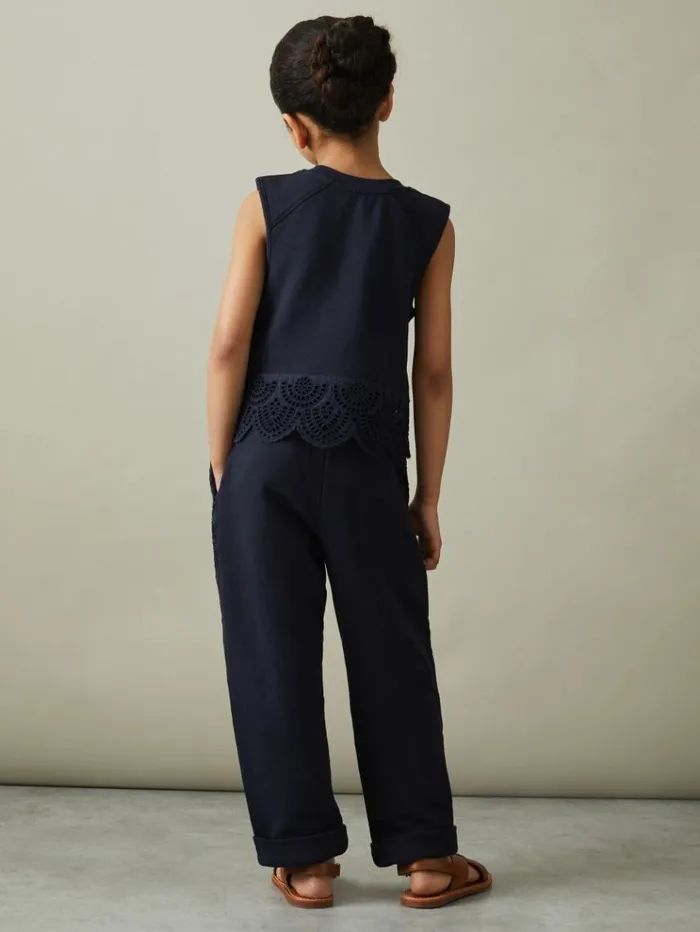 REISS CoOrds Children Sophie Teen Cotton Broderie Drawstring Trousers Navy
