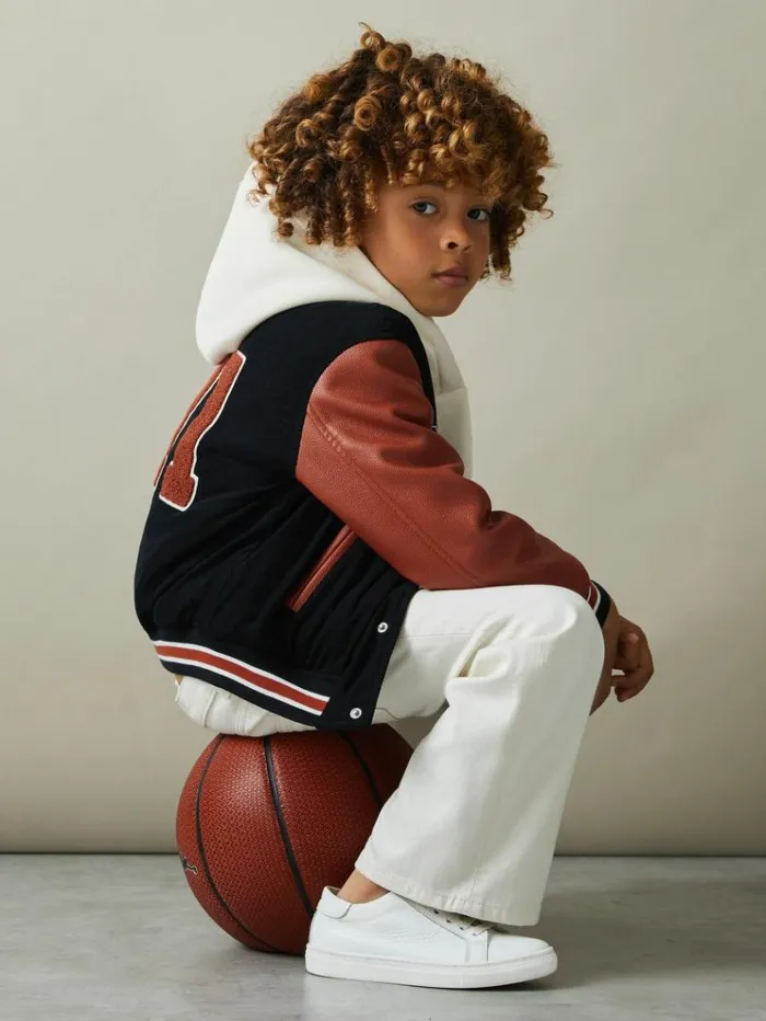 REISS Coats and Jackets Children Hybrid CordFaux Leather Varsity Bomber Jacket Navy