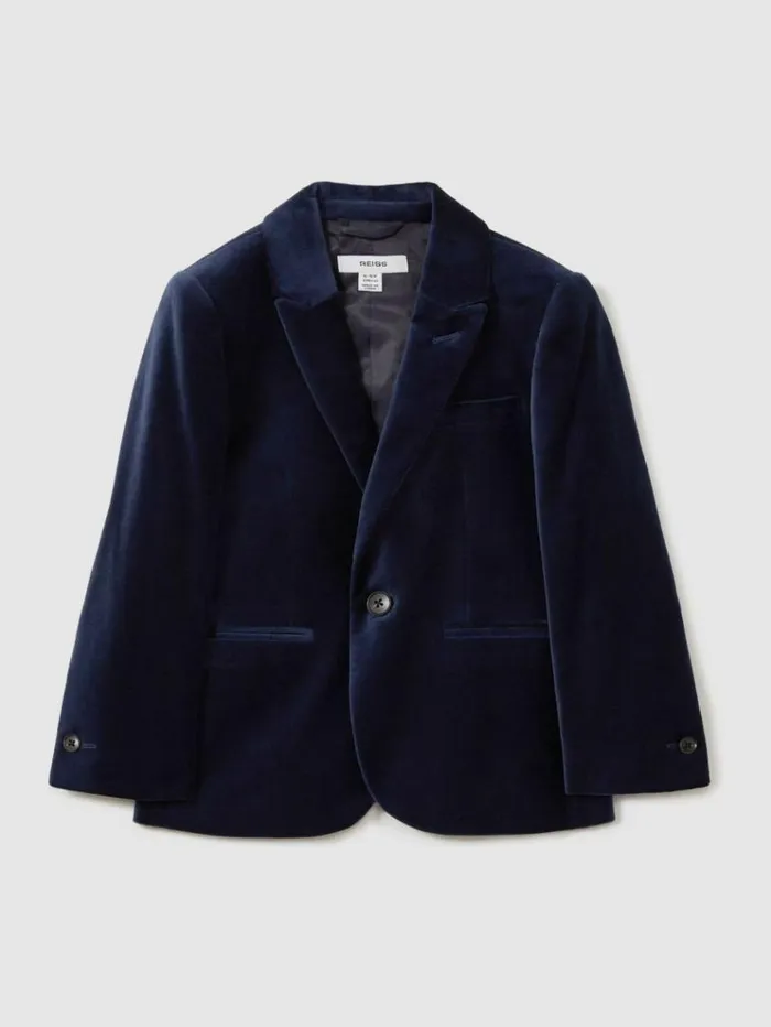 REISS Coats and Jackets Children Velvet Single Breasted Blazer Baltic Blue