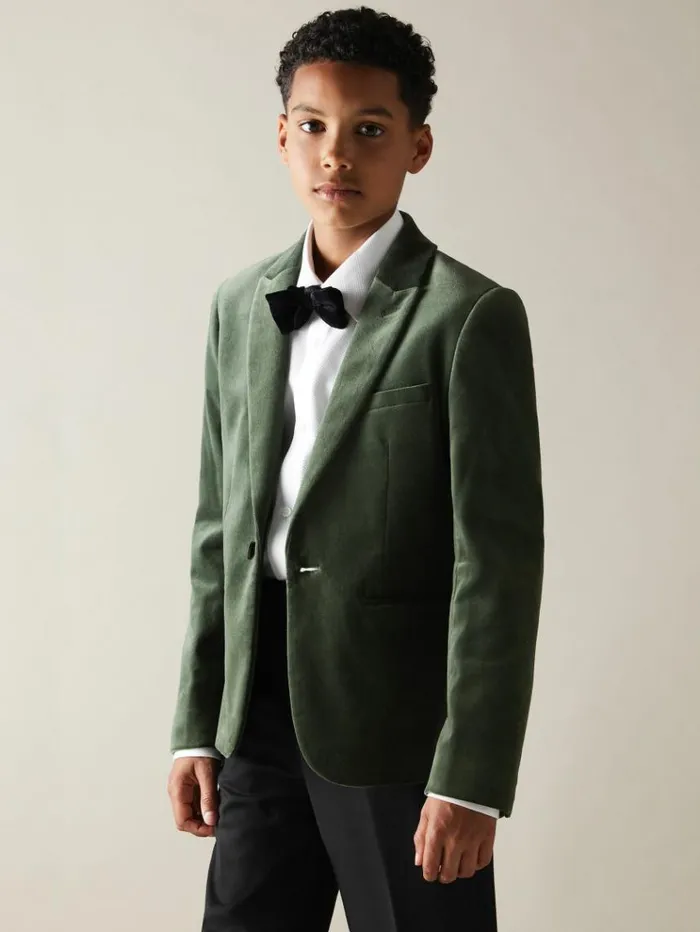 REISS Coats and Jackets Children Velvet Single Breasted Blazer Sage Green