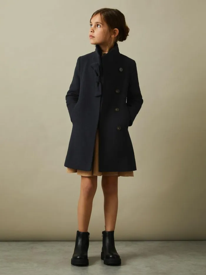 REISS Coats and Jackets Children Wool Blend Funnel Neck Bow Coat Navy