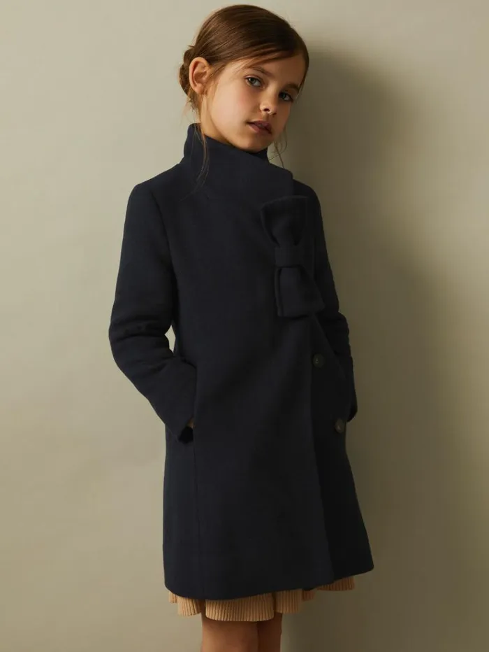 REISS Coats and Jackets Children Wool Blend Funnel Neck Bow Coat Navy