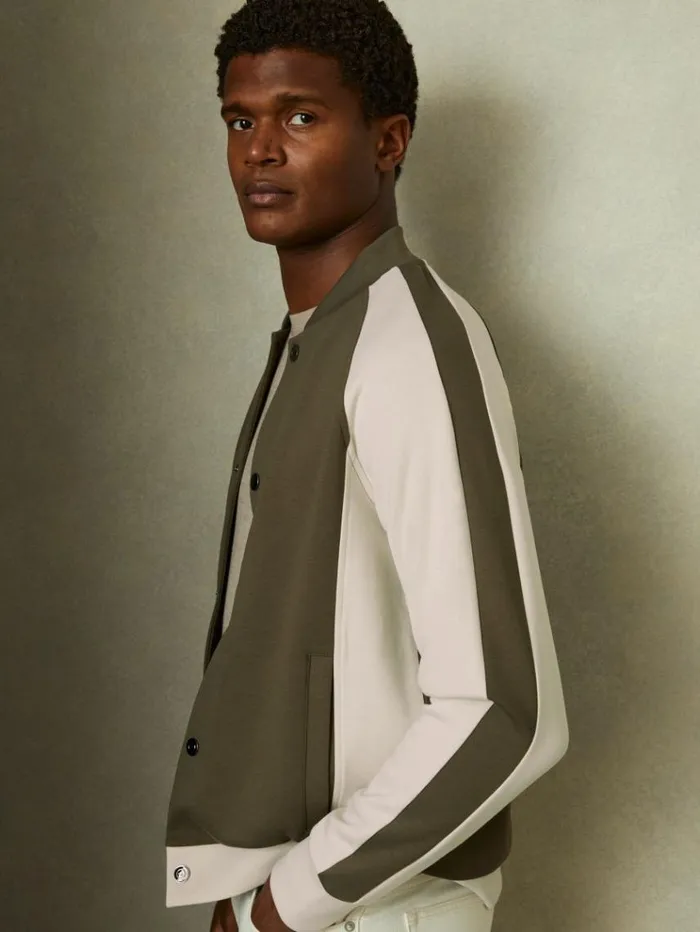 REISS Coats and Jackets Men Colourblock Jersey Varsity Jacket Sage Greenoff White