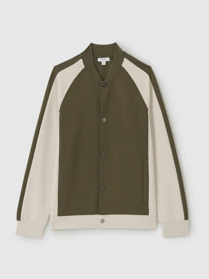 REISS Coats and Jackets Men Colourblock Jersey Varsity Jacket Sage Greenoff White