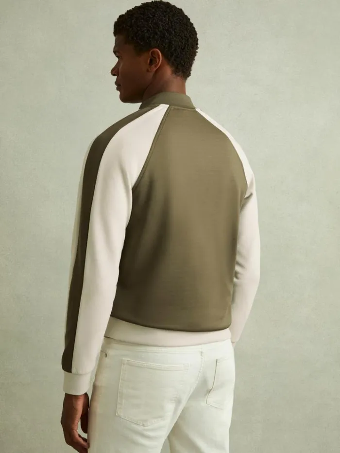 REISS Coats and Jackets Men Colourblock Jersey Varsity Jacket Sage Greenoff White
