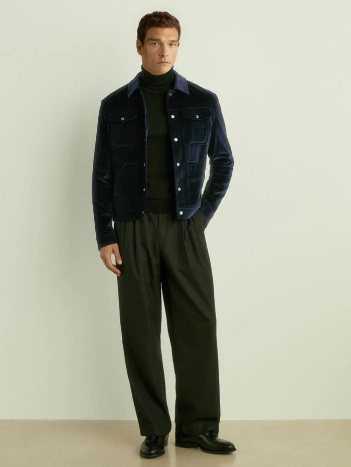 REISS Coats and Jackets Men Cotton Blend Velvet Jacket Navy