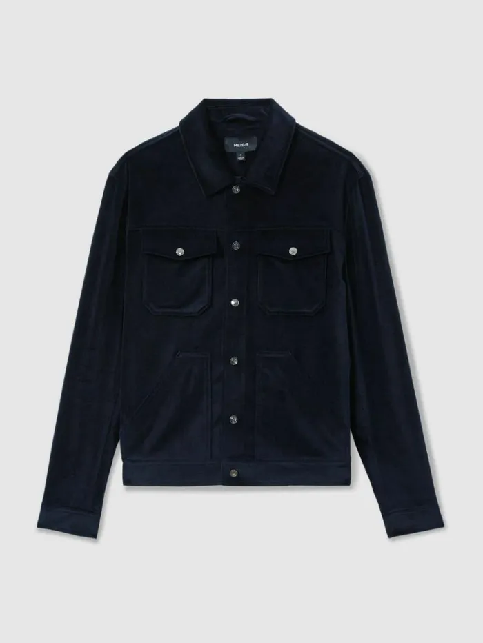 REISS Coats and Jackets Men Cotton Blend Velvet Jacket Navy