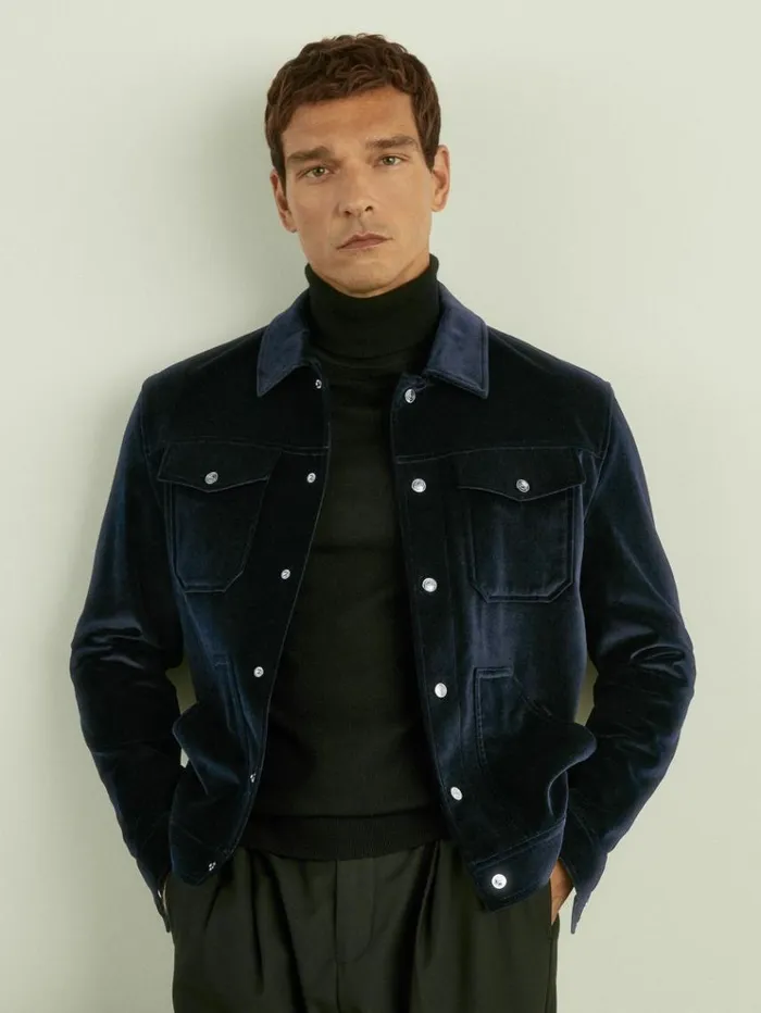 REISS Coats and Jackets Men Cotton Blend Velvet Jacket Navy