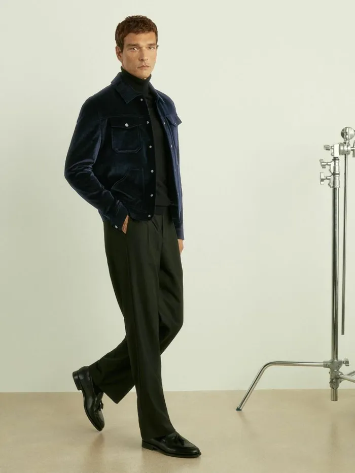 REISS Coats and Jackets Men Cotton Blend Velvet Jacket Navy