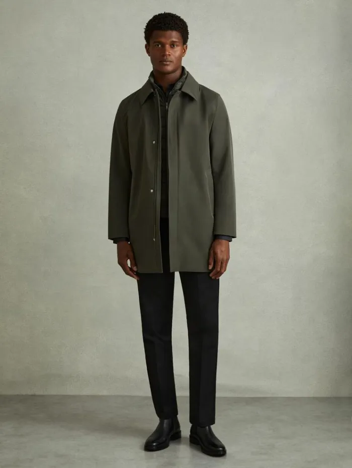 REISS Coats and Jackets Men Hybrid Removable Funnel Neck Overcoat Dark Green