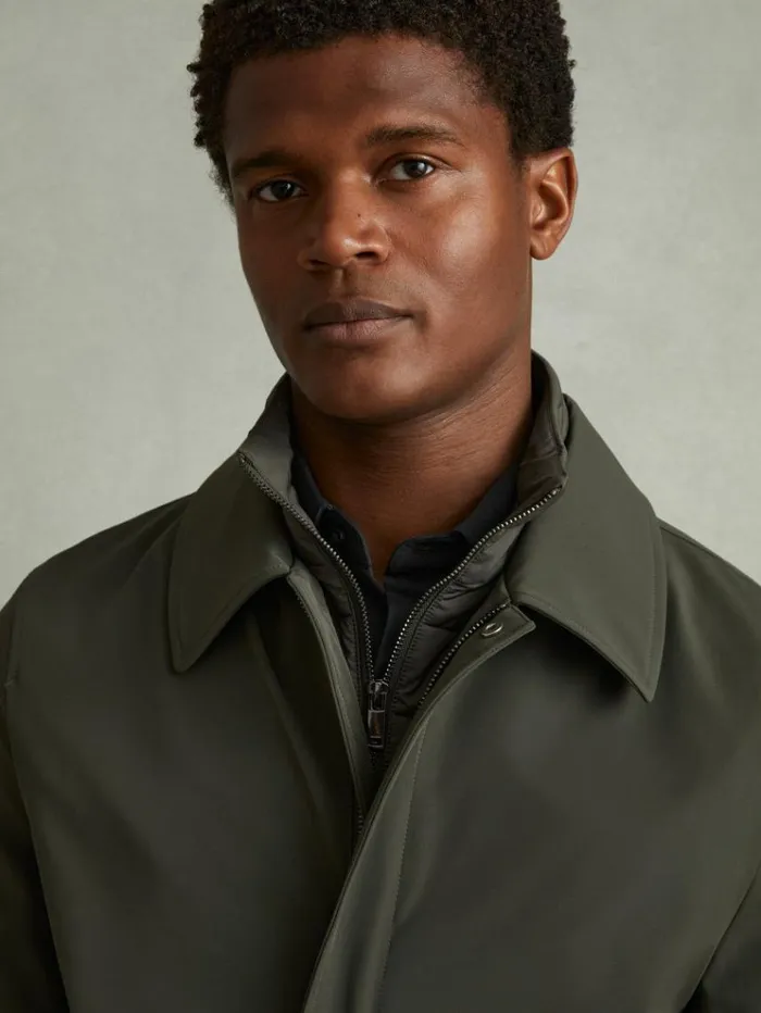 REISS Coats and Jackets Men Hybrid Removable Funnel Neck Overcoat Dark Green