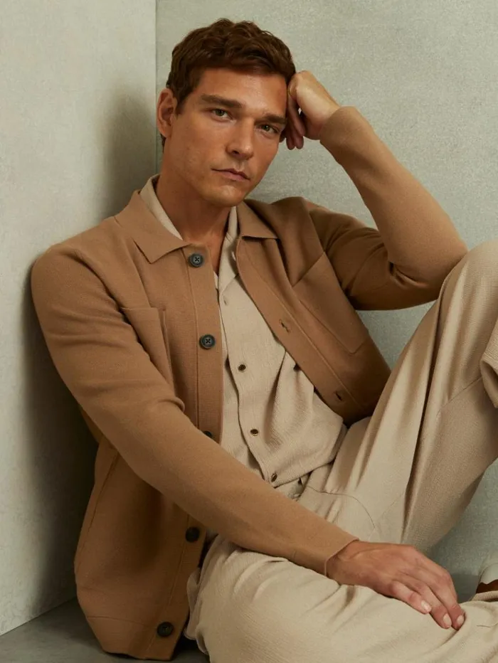 REISS Coats and Jackets Men Knitted ButtonThrough Jacket Camel