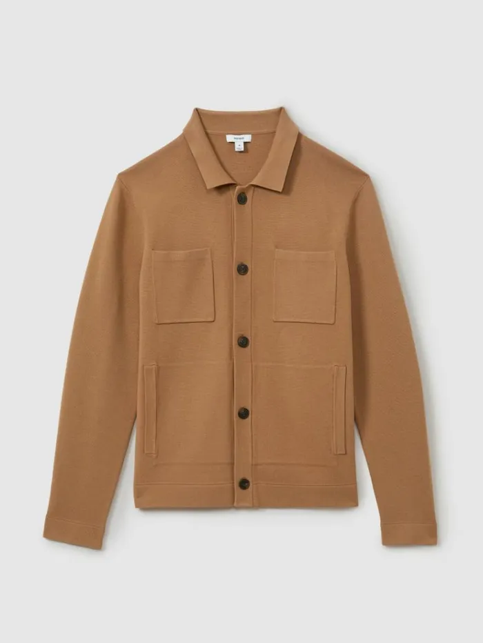 REISS Coats and Jackets Men Knitted ButtonThrough Jacket Camel