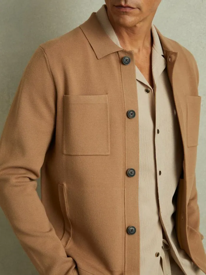 REISS Coats and Jackets Men Knitted ButtonThrough Jacket Camel