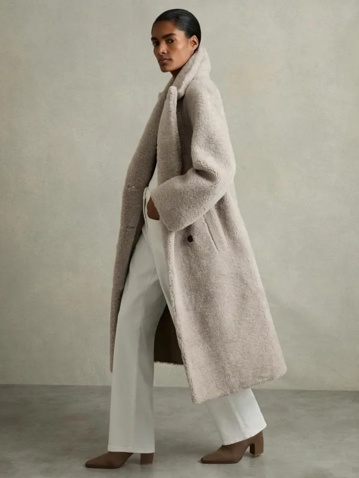 REISS Coats and Jackets Women Double Breasted Long Shearling Coat Neutral