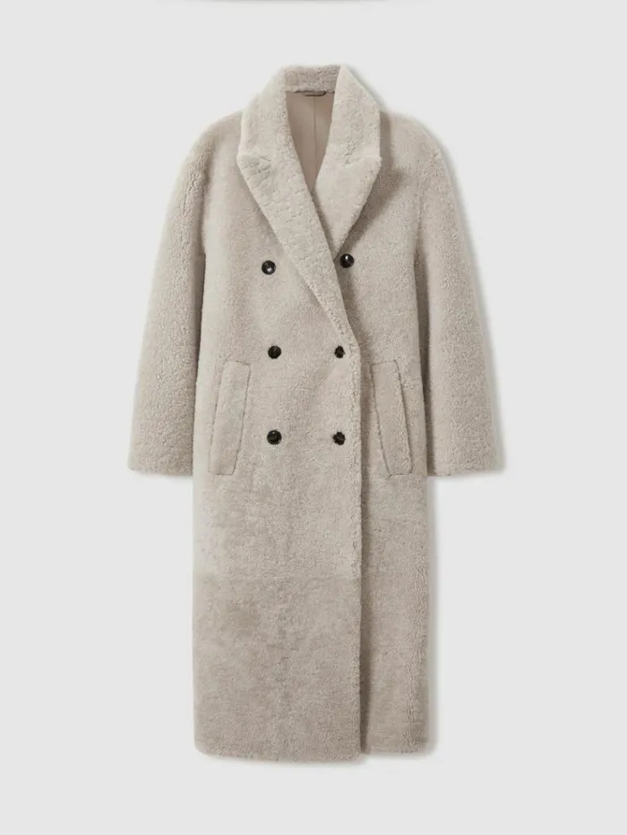 REISS Coats and Jackets Women Double Breasted Long Shearling Coat Neutral