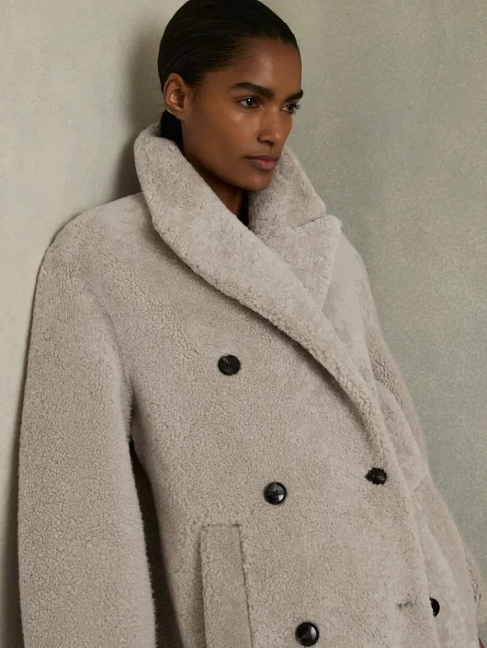 REISS Coats and Jackets Women Double Breasted Long Shearling Coat Neutral