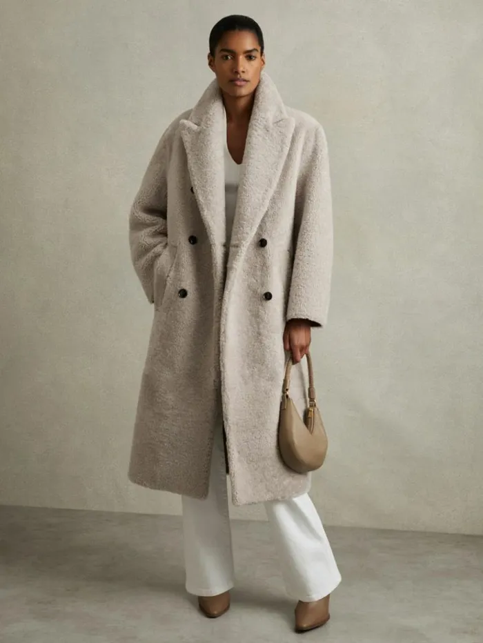 REISS Coats and Jackets Women Double Breasted Long Shearling Coat Neutral