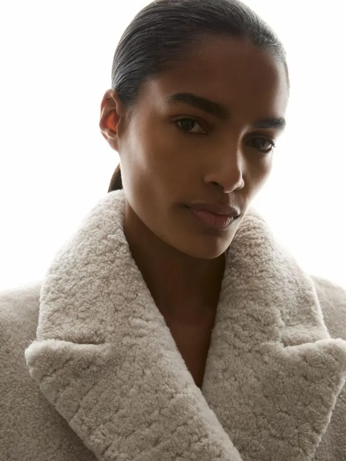 REISS Coats and Jackets Women Double Breasted Long Shearling Coat Neutral