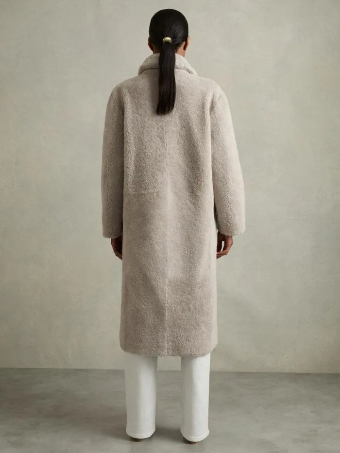 REISS Coats and Jackets Women Double Breasted Long Shearling Coat Neutral
