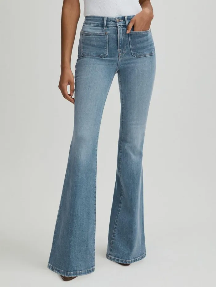 REISS Denim Women Good American Mid Rise Flared Jeans Mid Blue