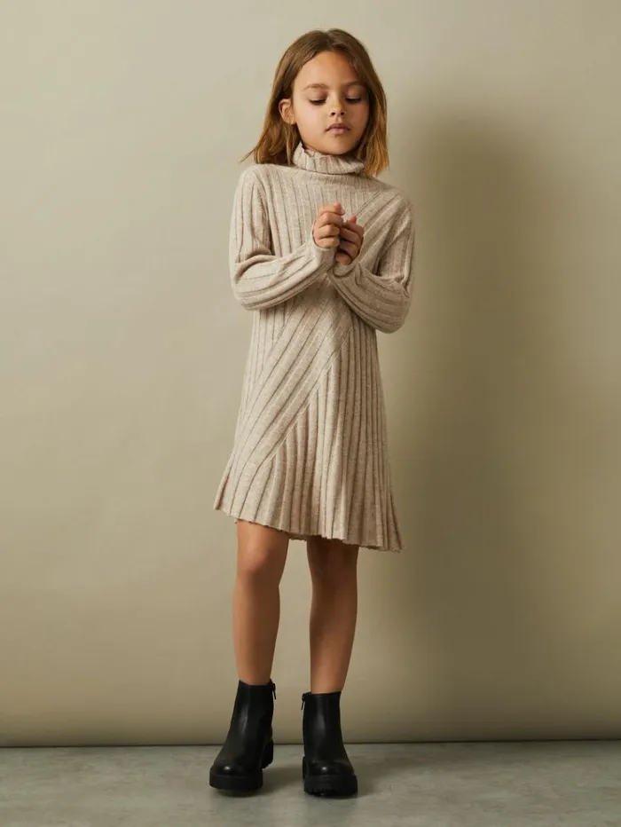 REISS Dresses Children Knitted Roll Neck Dress Oatmeal