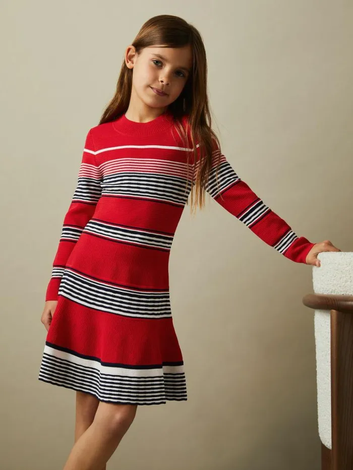 REISS Dresses Children Knitted Striped Skater Dress Red