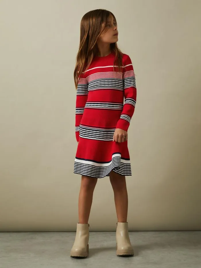 REISS Dresses Children Knitted Striped Skater Dress Red