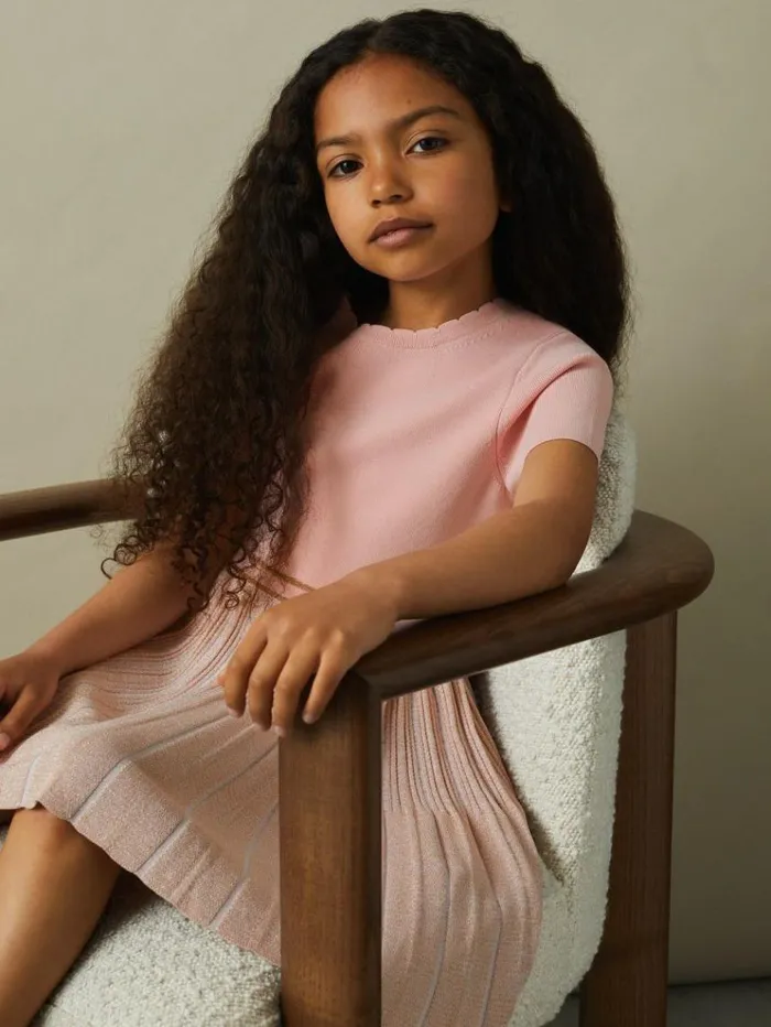 REISS Dresses Children Metallic Pleated Knitted Dress Pink